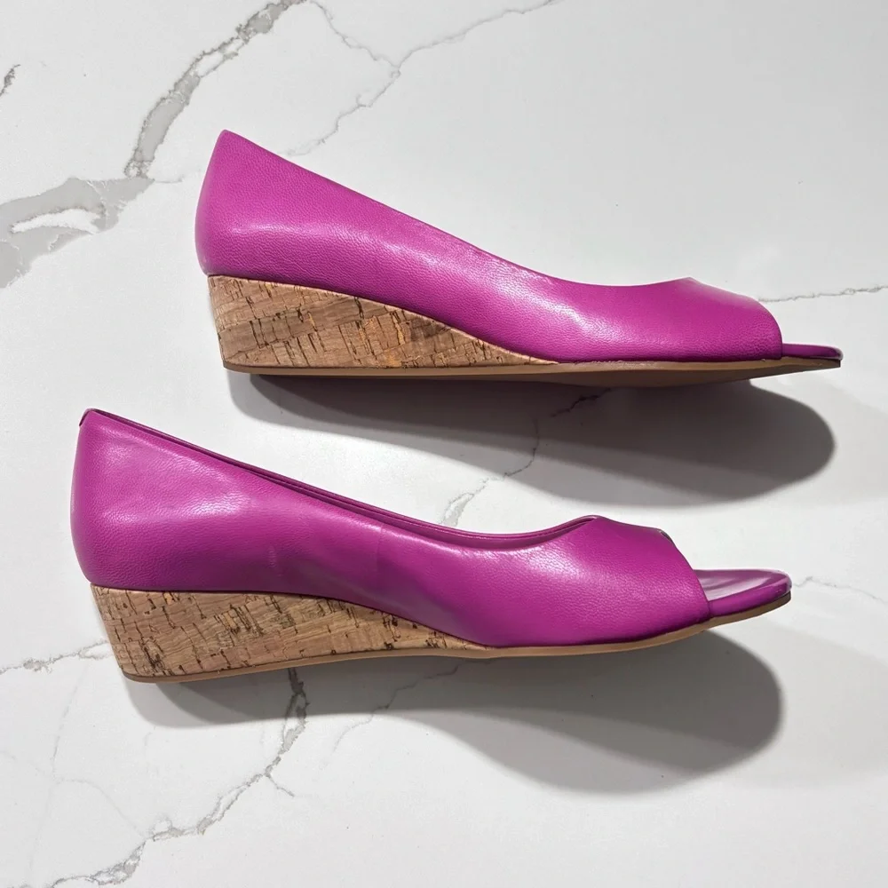 Cole Haan Women's Hot Pink Matte Finish Peep Toe Wedge Heels Cork Pumps Size 7.5